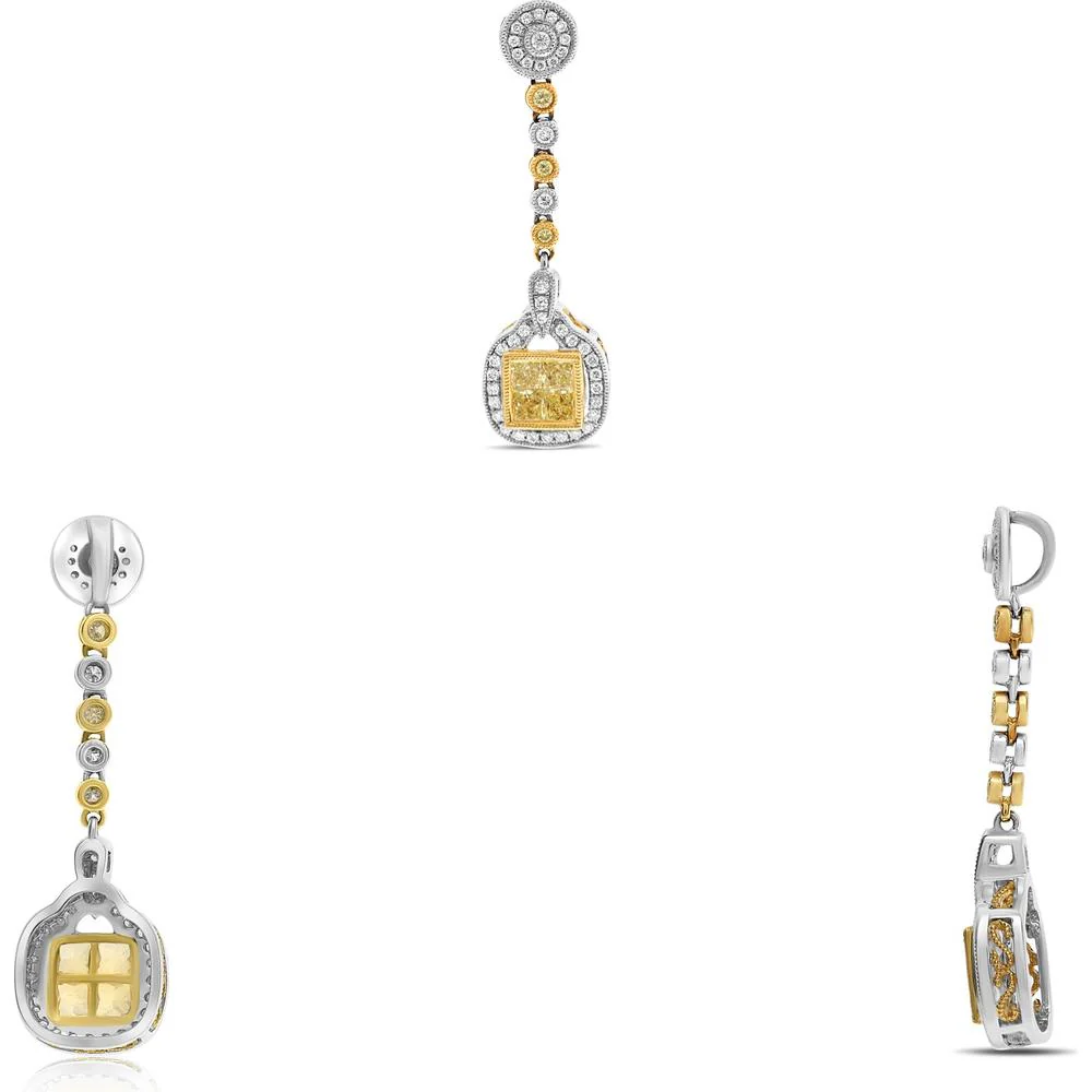 Roman & Jules - 18K White Gold and Yellow Gold Drop Earrings with Princess Cut Fancy Yellow Diamond - 1.02 Carat Total Diamond Weight