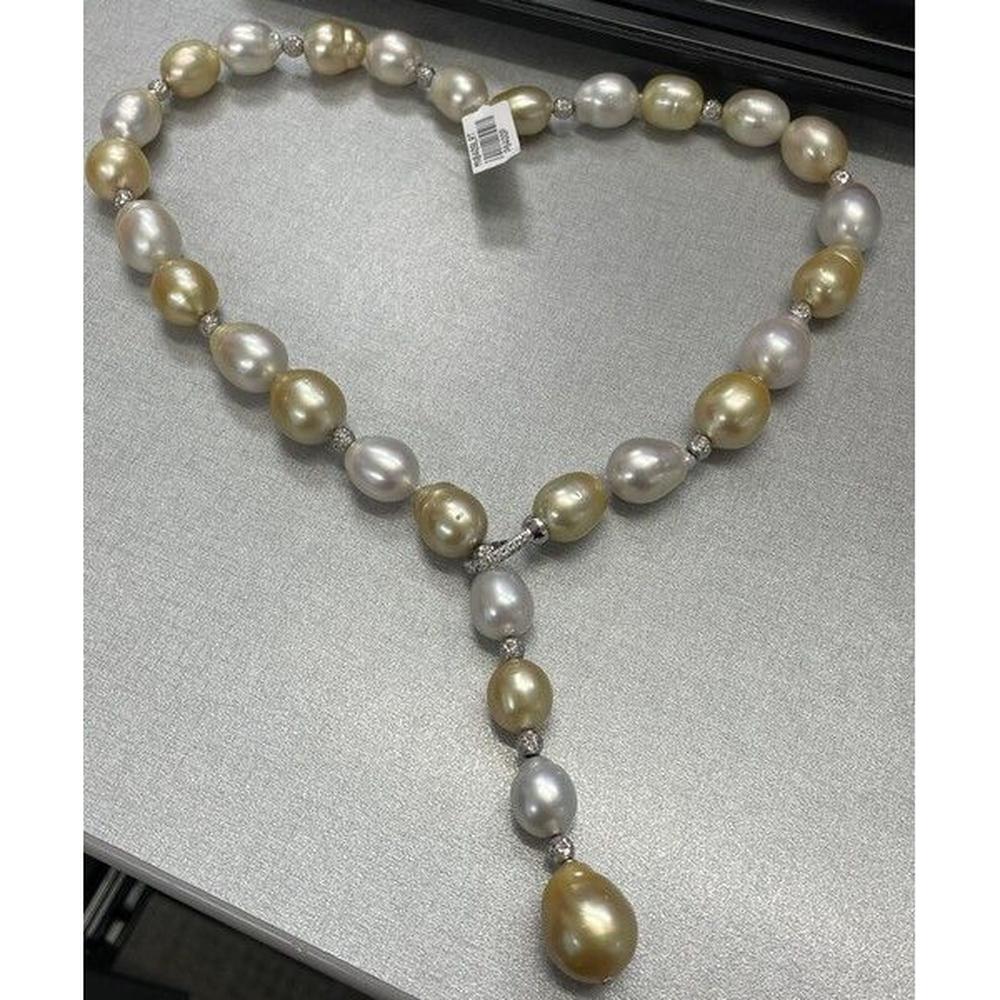 Roman & Jules - 18K White Gold Baroque Pearl Y-Drop Necklace with Diamond Accents - 0.14 Carat Total Diamond Weight