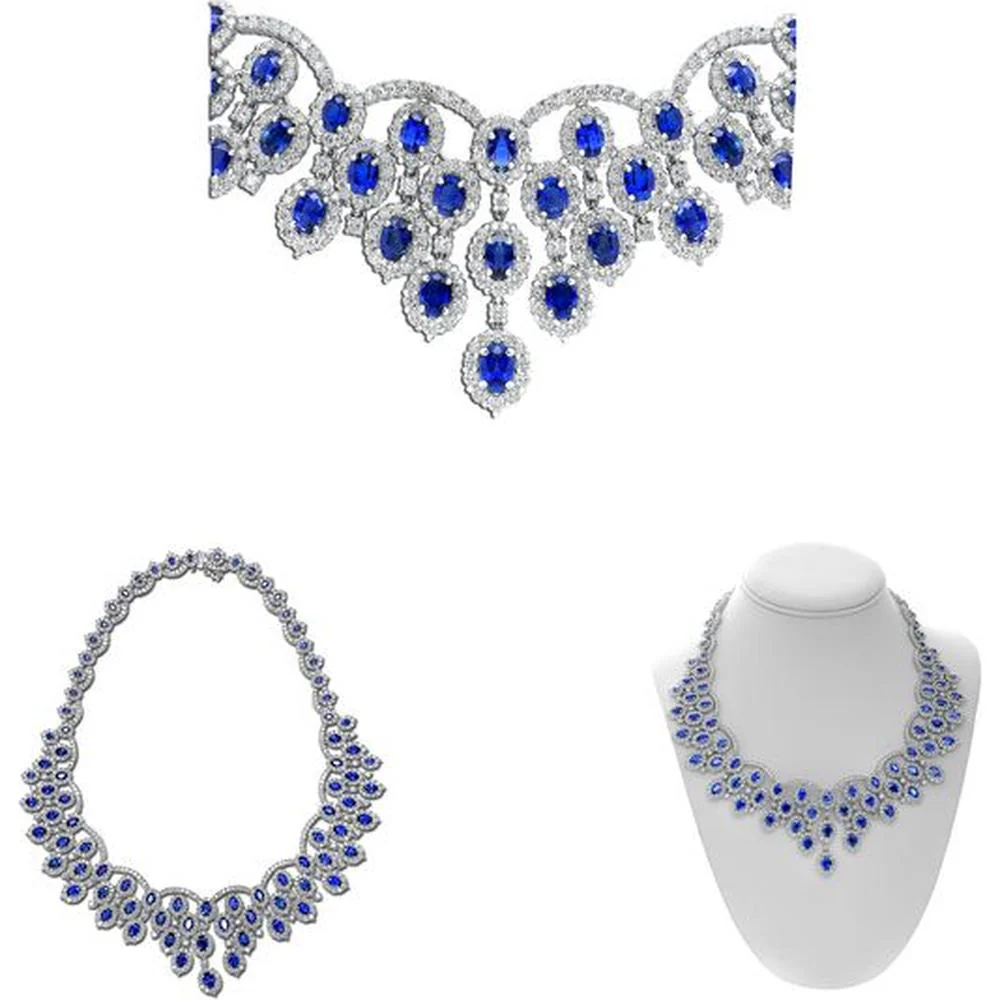 Roman & Jules - 18K White Gold Bib Necklace with Sapphire and Diamond Halo - 53.74 Carat Sapphire, 36.03 Carat Diamond Total Weight