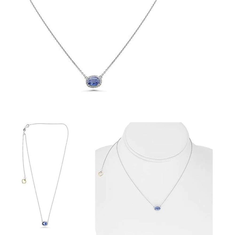 Roman & Jules - 18K White Gold Blue Sapphire Necklace with Halo Diamond Accent - 1.14 Carat Total Gemstone Weight