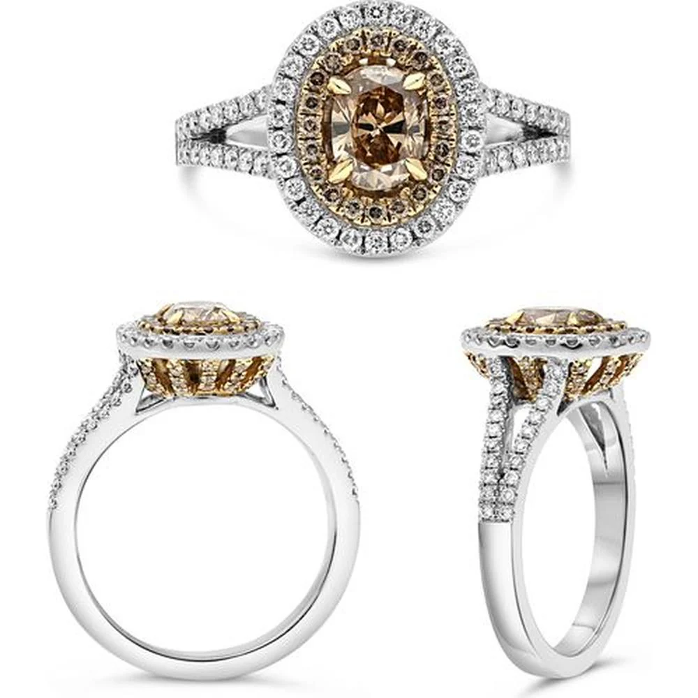 Roman & Jules - 18K White Gold Champagne Diamond Ring with Halo of Round Diamonds - 1.10 Carat Total Diamond Weight
