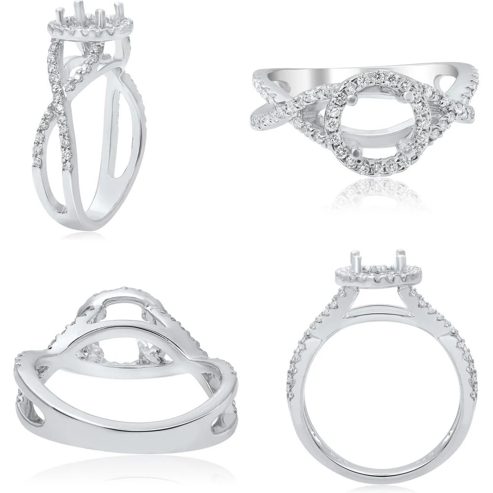 Roman & Jules - 18K White Gold Criss Cross Engagement Ring with Halo Set Round Diamond - 0.43 Carat Total Diamond Weight