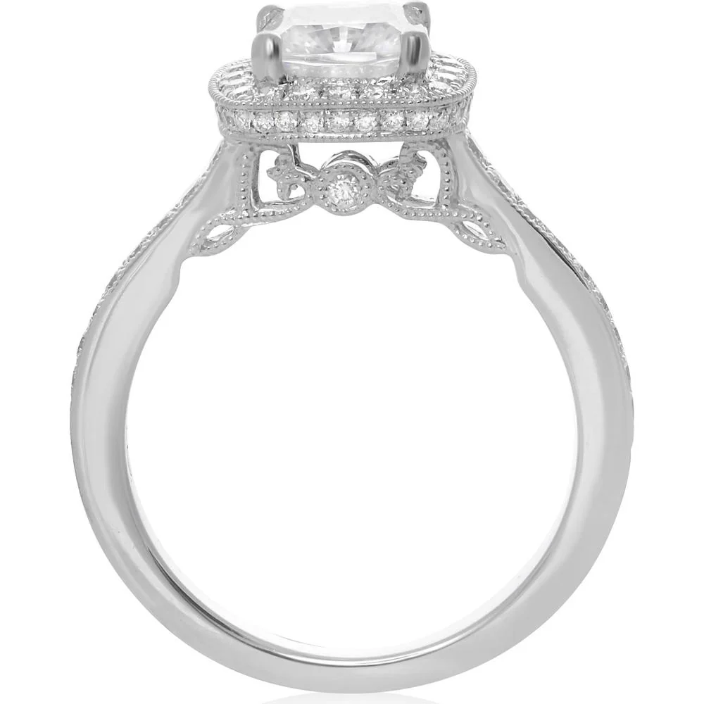 Roman & Jules - 18K White Gold Cushion Cut Diamond Halo Engagement Ring with Tapered Band - 0.44 Carat Diamond Weight