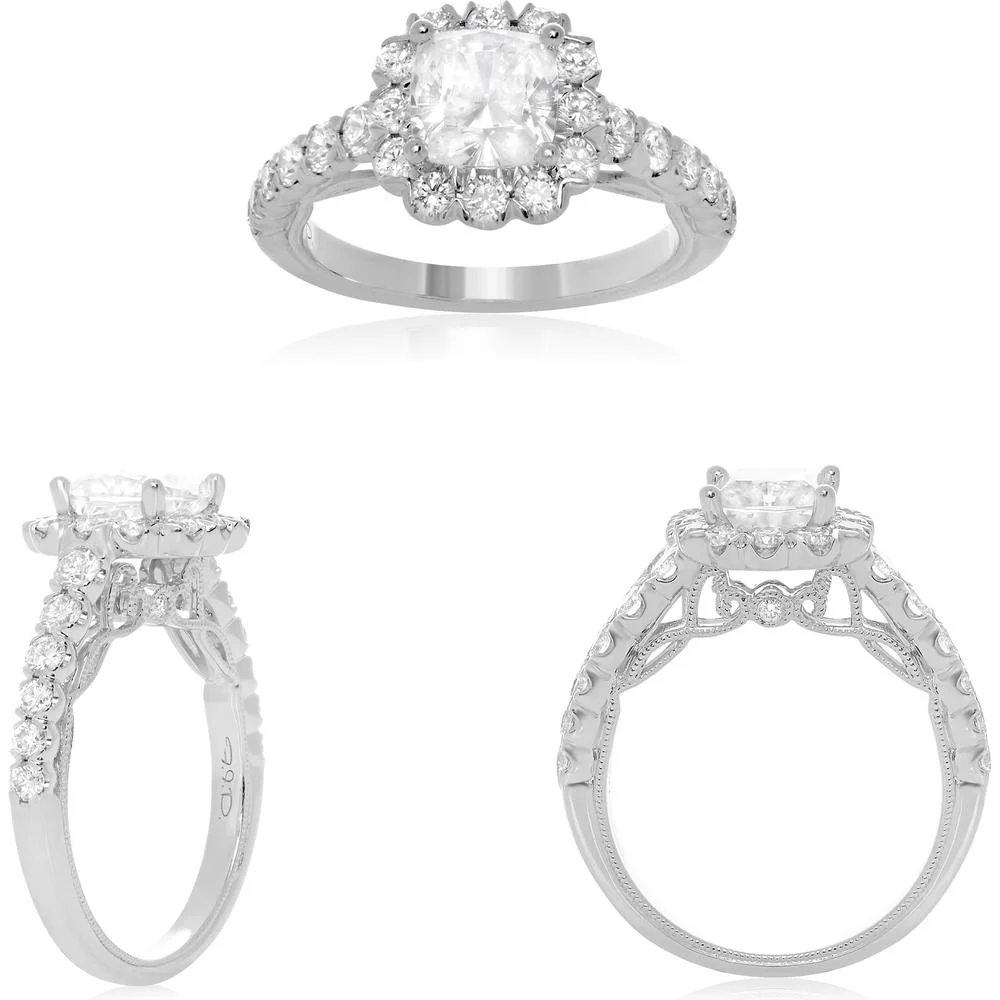 Roman & Jules - 18K White Gold Cushion Cut Diamond Halo Ring - 0.90 Carat Total Diamond Weight