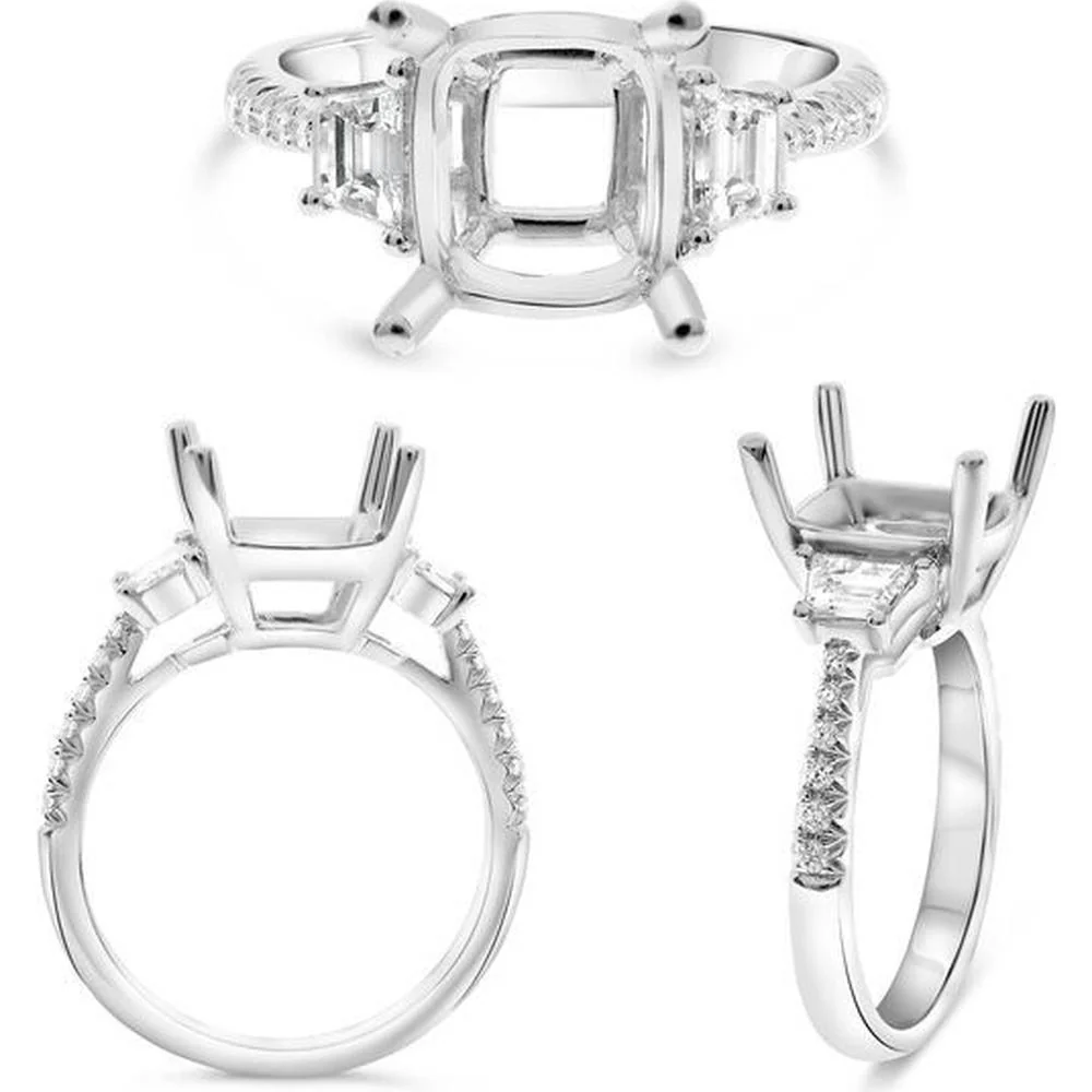 Roman & Jules - 18K White Gold Cushion Cut Diamond Ring with Trapezoid and Round Diamonds - 1.15 Carat Total Diamond Weight