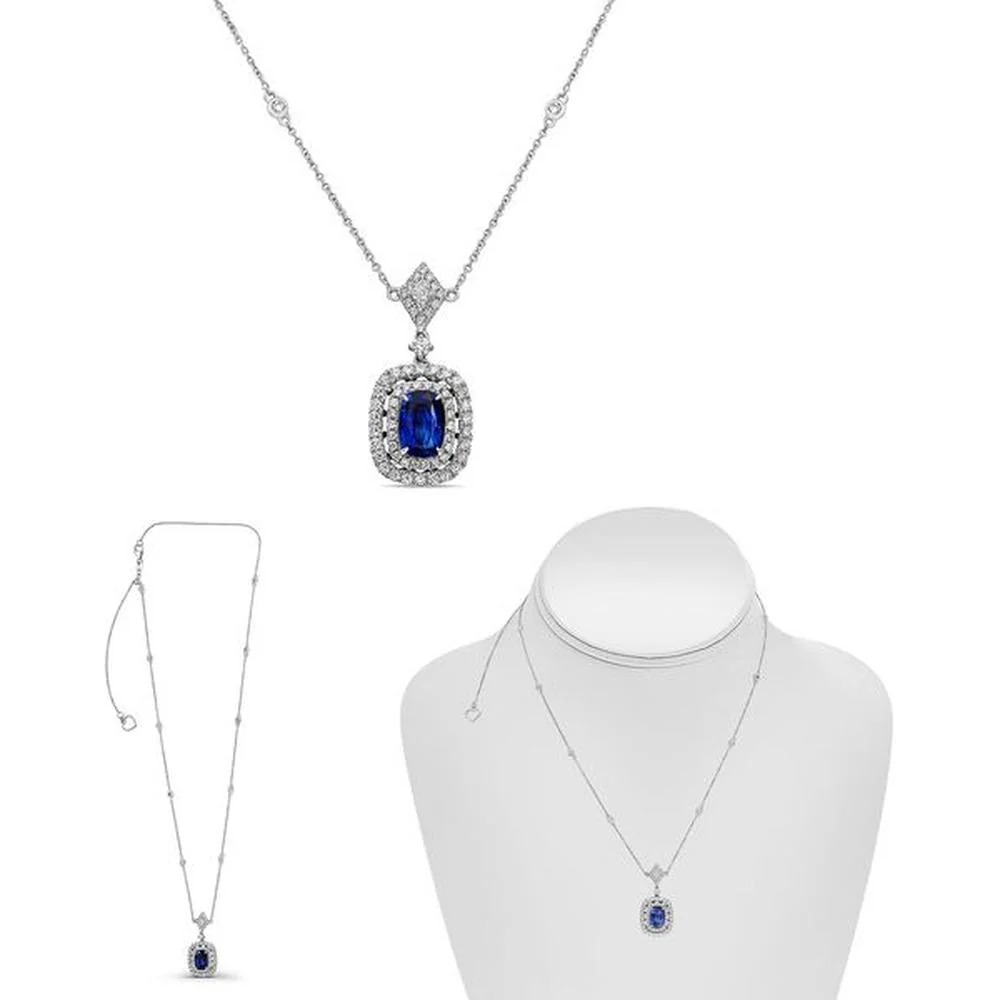 Roman & Jules - 18K White Gold Cushion Cut Sapphire Necklace with Diamond Halo - 1.90 Carat Sapphire, 0.69 Carat Diamond Total Weight