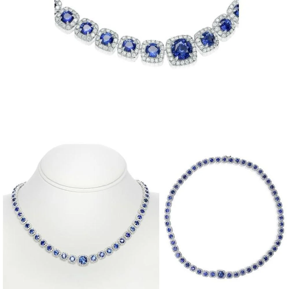 Roman & Jules - 18K White Gold Cushion Cut Sapphire Necklace with Halo of Round Diamonds - 19.43 Carat Total Sapphire Weight, 8.65 Carat Total Diamond Weight