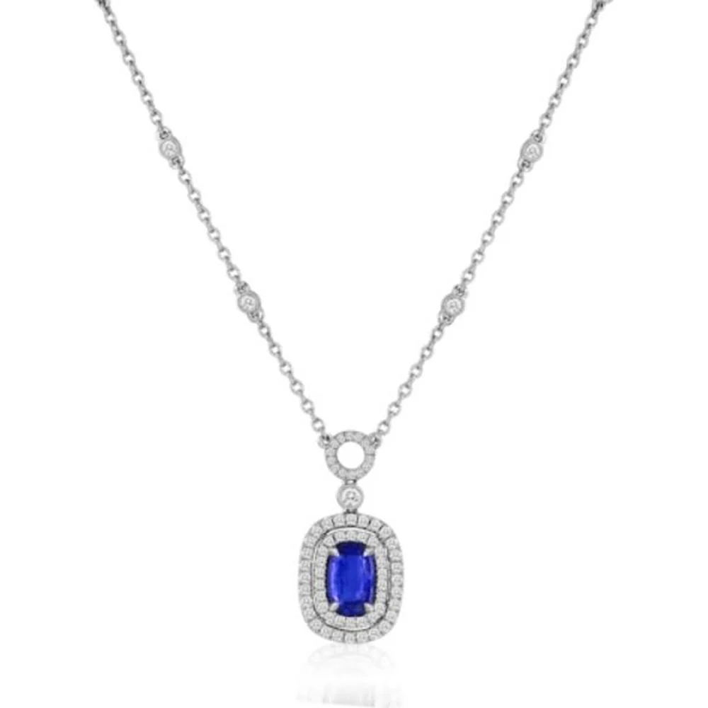 Roman & Jules - 18K White Gold Cushion Cut Sapphire Necklace with Round Diamond Halo - 2.04 Carat Total Sapphire Weight