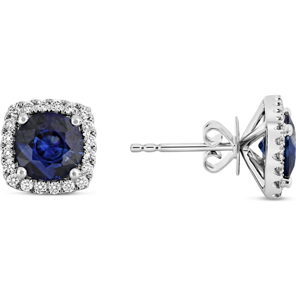 Roman & Jules - 18K White Gold Cushion Cut Sapphire Stud Earrings with Diamond Halo - 2.97 Carat Total Sapphire Weight
