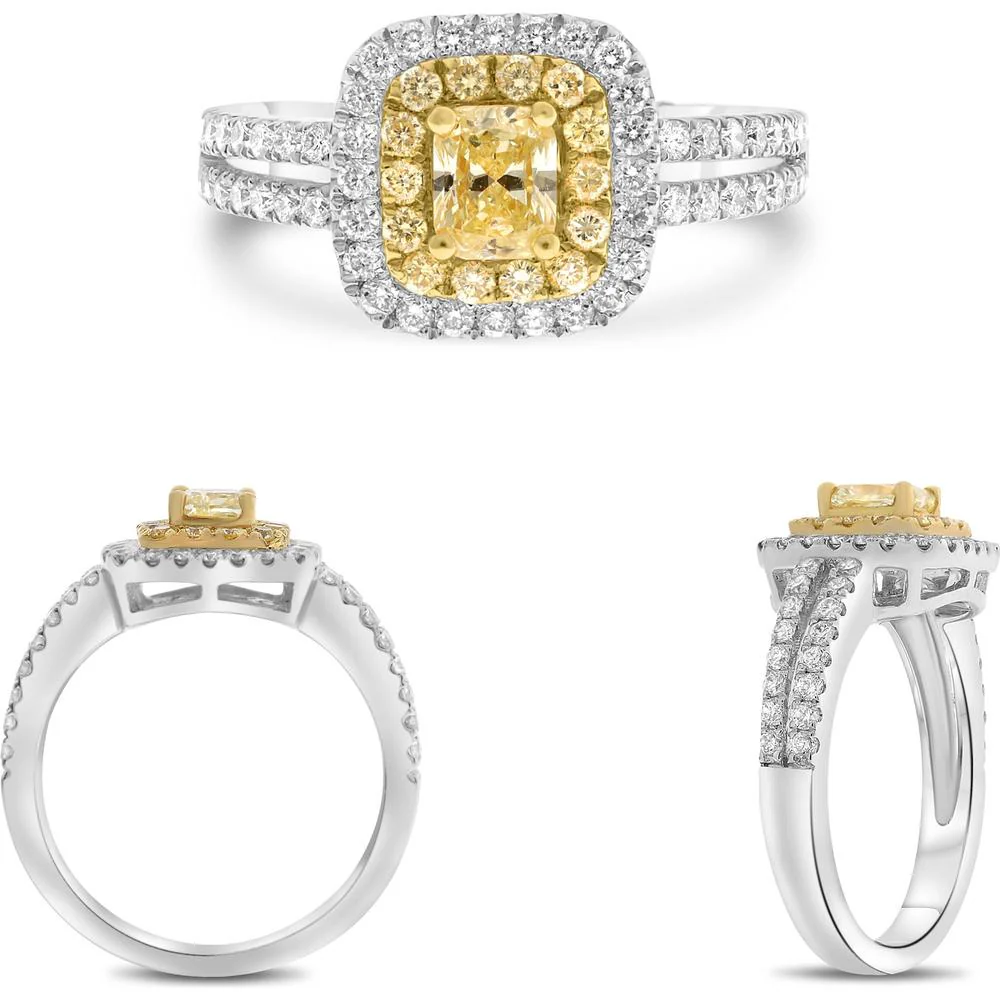 Roman & Jules - 18K White Gold Cushion Fancy Yellow Diamond Halo Ring with Round Diamonds - 1.11 Carat Total Diamond Weight