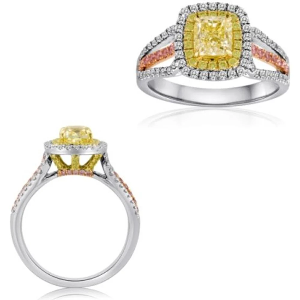 Roman & Jules - 18K White Gold Cushion Fancy Yellow Diamond Ring with Round Pink and White Diamonds - 1.02 Carat Total Diamond Weight