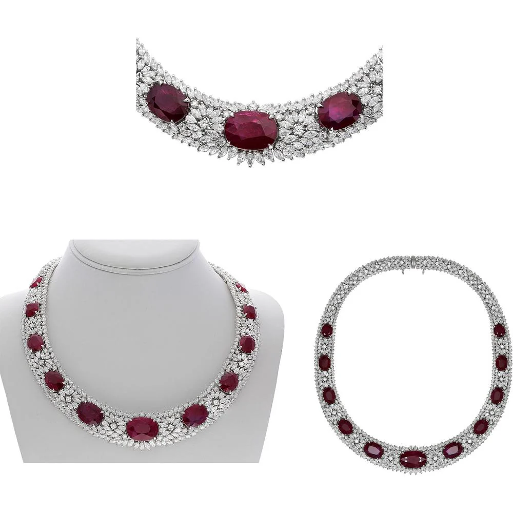 Roman & Jules - 18K White Gold Diamond & Ruby Collar Necklace - 4.77 Carat Total Diamond Weight, 37.24 Carat Total Ruby Weight