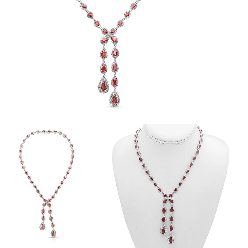 Roman & Jules - 18K White Gold Double-Halo Pear-Shaped Ruby Necklace with Round Diamonds - 7.66 Carat Total Ruby Weight, 23.04 Carat Total Diamond Weight