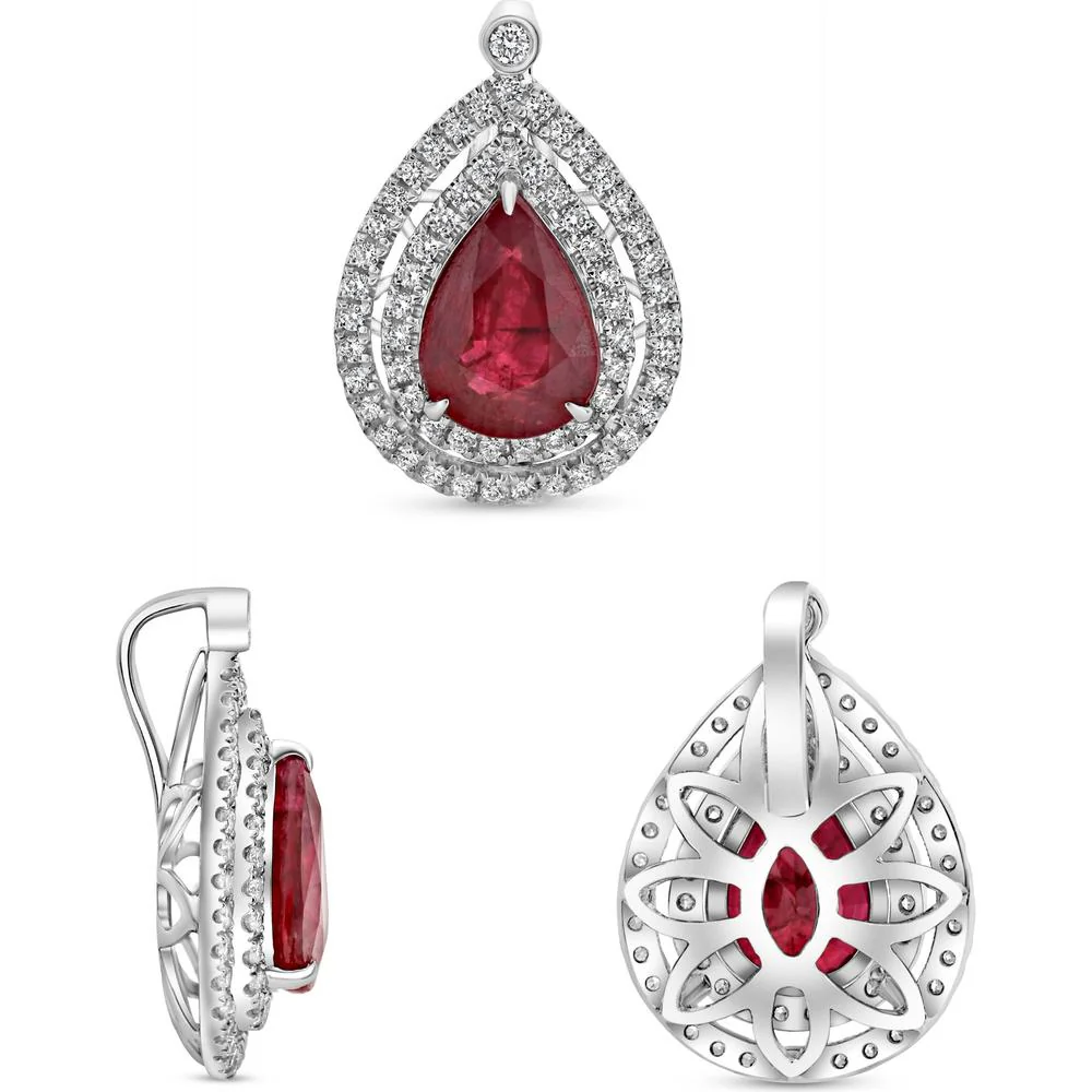 Roman & Jules - 18K White Gold Double Halo Pear-Shaped Ruby Pendant with 1.40 Carat GIA Ruby and 0.20 Carat Diamond Accents