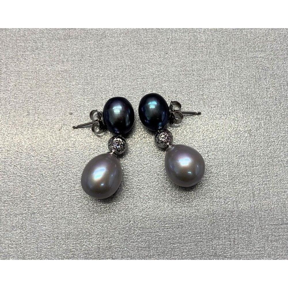 Roman & Jules - 18K White Gold Drop Earrings with 10.0-7.0mm Black and White Pearls