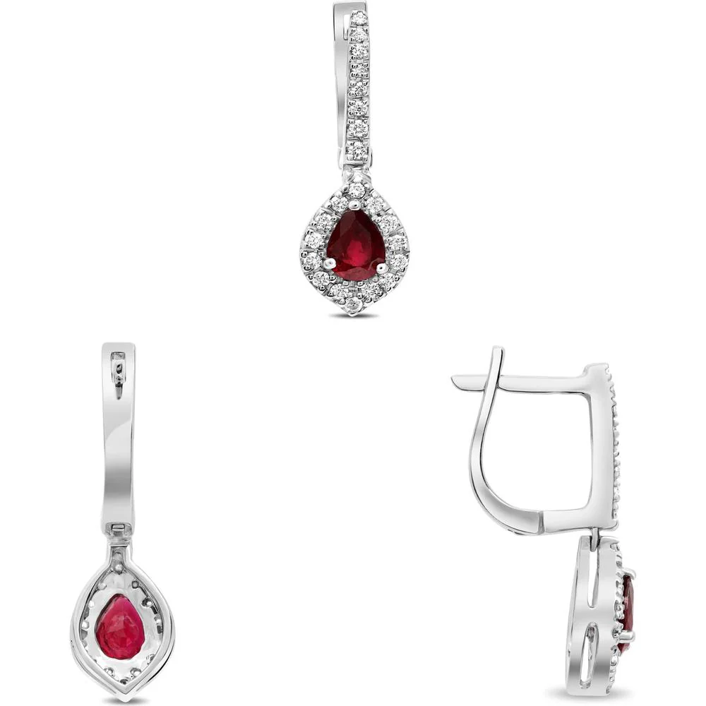 Roman & Jules - 18K White Gold Drop Earrings with Pear Shaped Rubies and Round Diamond Halo - 1.02 Carat Total Ruby Weight