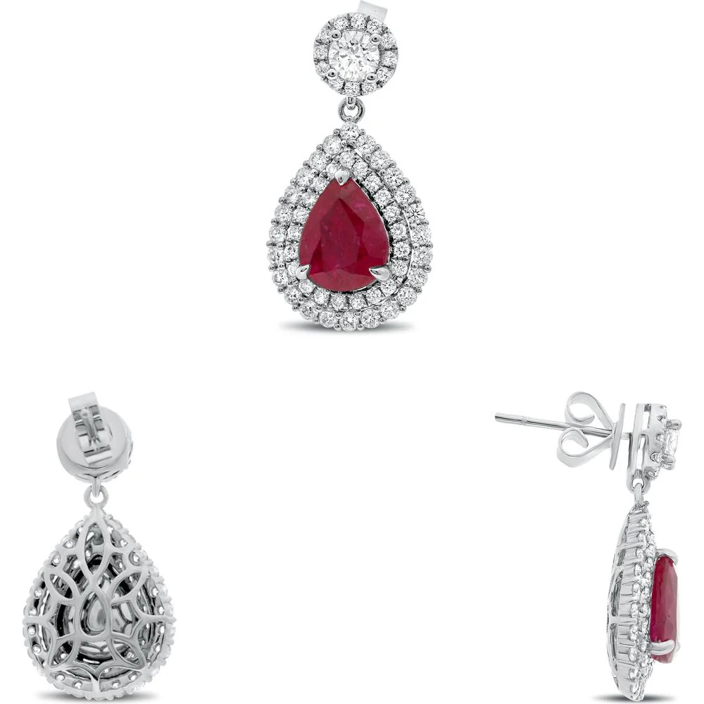 Roman & Jules - 18K White Gold Drop Earrings with Pear-Shaped Ruby and Double Halo of Round Diamonds - 1.03 Carat Ruby, 0.88 Carat Diamond Total Weight