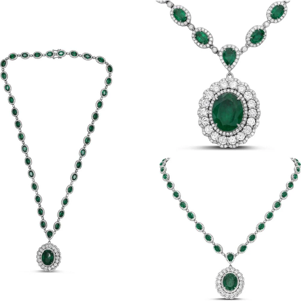Roman & Jules - 18K White Gold Emerald and Diamond Halo Drop Necklace with GIA-Certified 13.37 Carat Oval Emerald and 7.78 Carat Round Diamonds