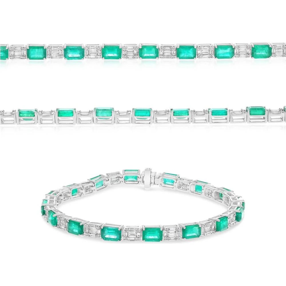 Roman & Jules - 18K White Gold Emerald Cut Emerald and Baguette Diamond Bracelet - 9.80 Carat Total Emerald Weight, 0.18 Carat Total Diamond Weight