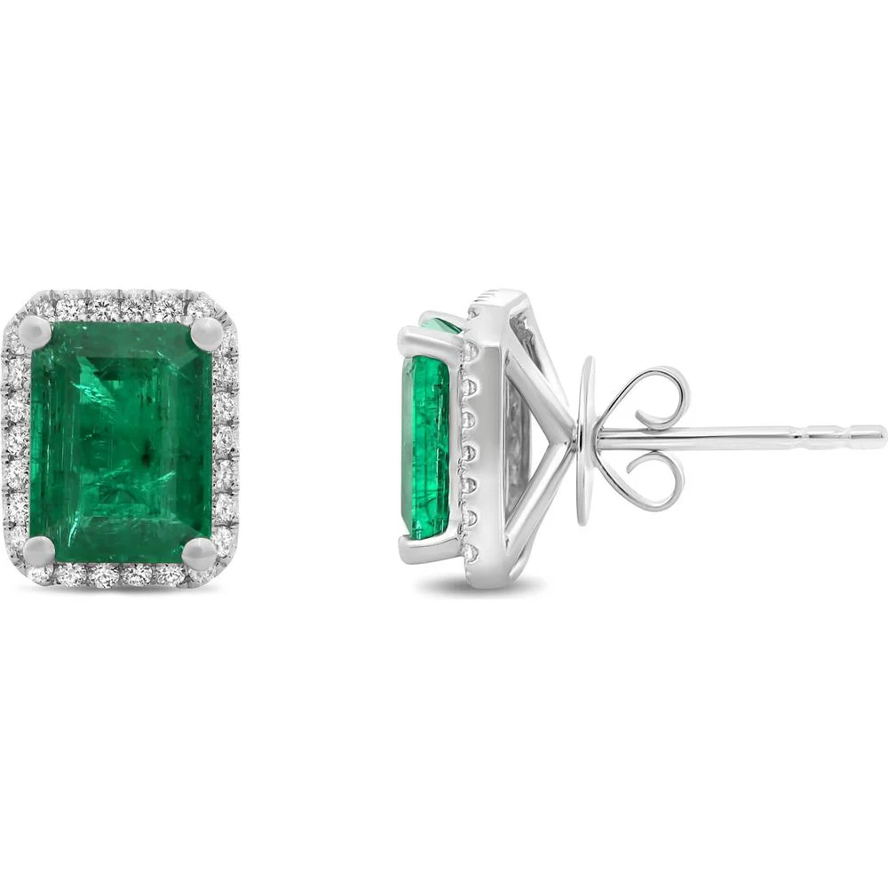 Roman & Jules - 18K White Gold Emerald Cut Emerald Earrings with Diamond Halo - 3.00 Carat Total Emerald Weight