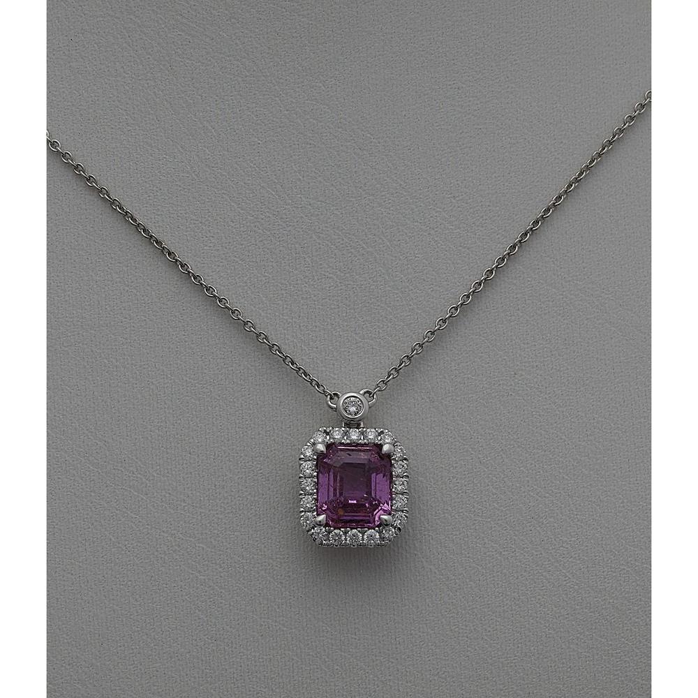Roman & Jules - 18K White Gold Emerald Cut Pink Sapphire Halo Necklace with Round Diamonds - 2.11 Carat Total Sapphire Weight