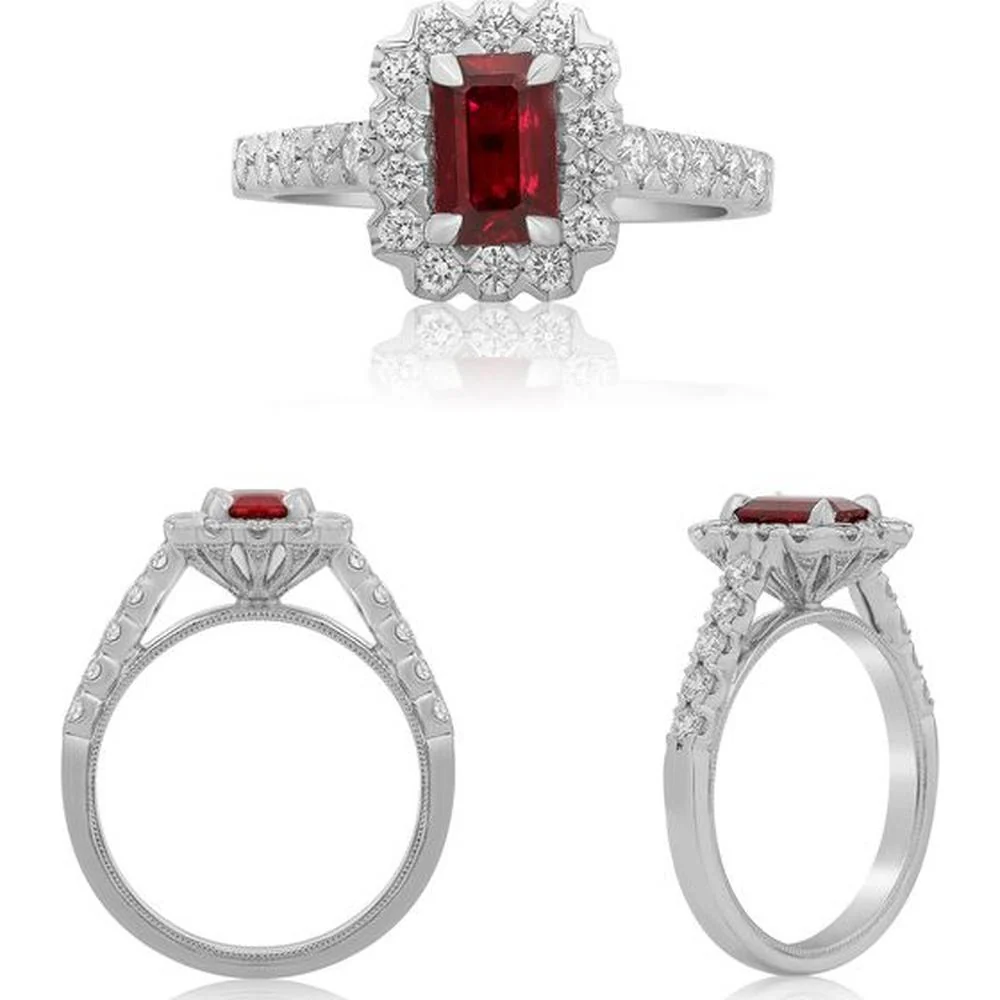 Roman & Jules - 18K White Gold Emerald Cut Ruby Ring with Round Diamond Halo - 0.65 Carat Total Diamond Weight