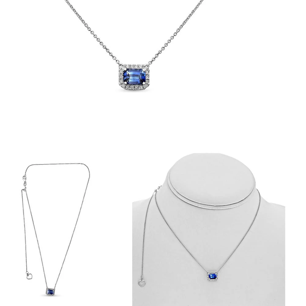 Roman & Jules - 18K White Gold Emerald Cut Sapphire Necklace with Diamond Halo - 1.33 Carat Sapphire, 0.15 Carat Total Diamond Weight