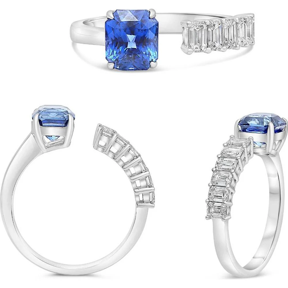 Roman & Jules - 18K White Gold Emerald Cut Sapphire Ring with Diamond Accents - 1.28 Carat Sapphire Weight