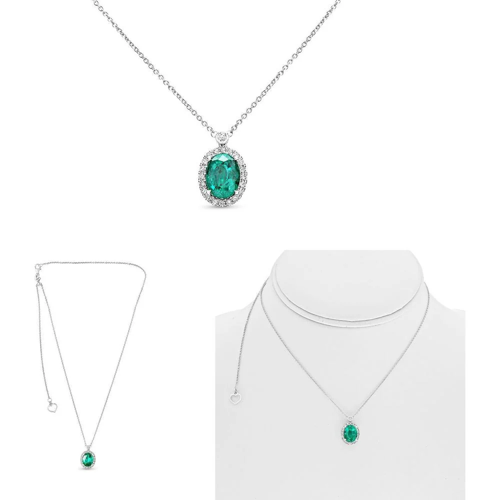 Roman & Jules - 18K White Gold Emerald Halo Necklace with Round Diamonds - 0.26 Carat Total Diamond Weight