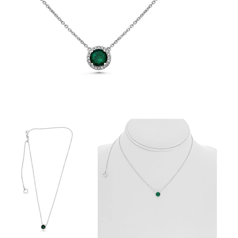 Roman & Jules - 18K White Gold Emerald Halo Necklace with Round Diamonds - 1.18 Carat Emerald, 0.13 Carat Total Diamond Weight