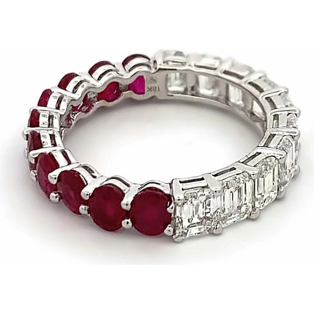 Roman & Jules - 18K White Gold Eternity Band with Round Rubies and Emerald Cut Diamonds - 2.50 Carat Total Gem Weight