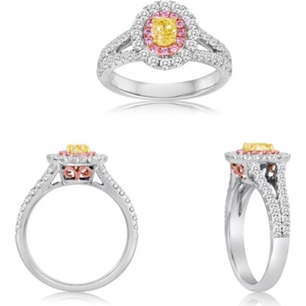 Roman & Jules - 18K White Gold Fancy Yellow Oval Diamond Ring with Pink and Round Diamonds - 1.26 Carat Total Diamond Weight