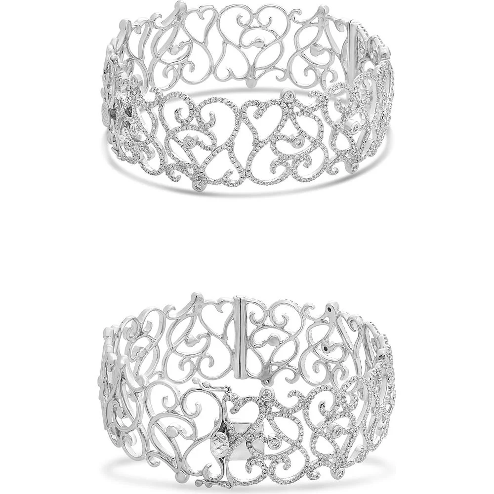 Roman & Jules - 18K White Gold Filigree Heart Bangle with Round Diamonds - 2.51 Carat Total Diamond Weight