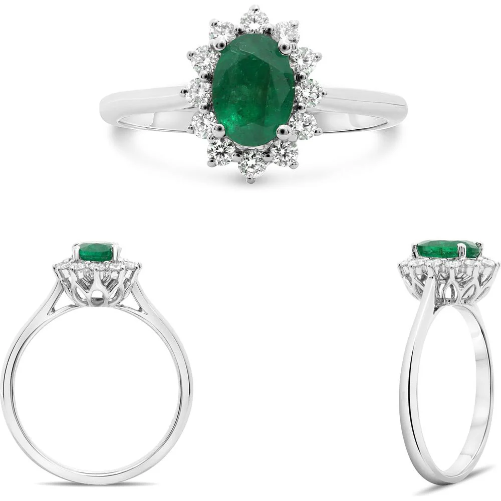 Roman & Jules - 18K White Gold Floral Halo Ring with Oval Emerald and Round Diamonds - 0.74 Carat Total Emerald Weight, 0.27 Carat Total Diamond Weight
