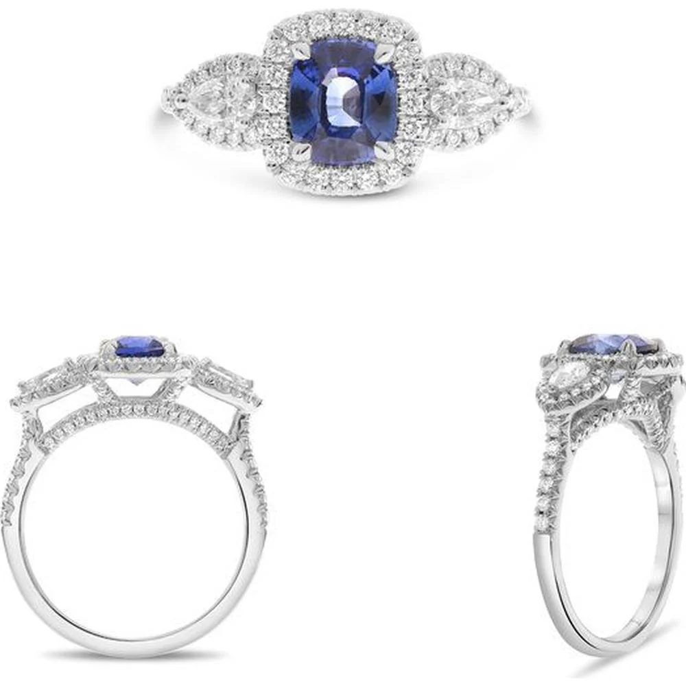 Roman & Jules - 18K White Gold Halo Cushion Cut Sapphire and Round Diamond Ring - 1.60 Carat Total Gemstone Weight