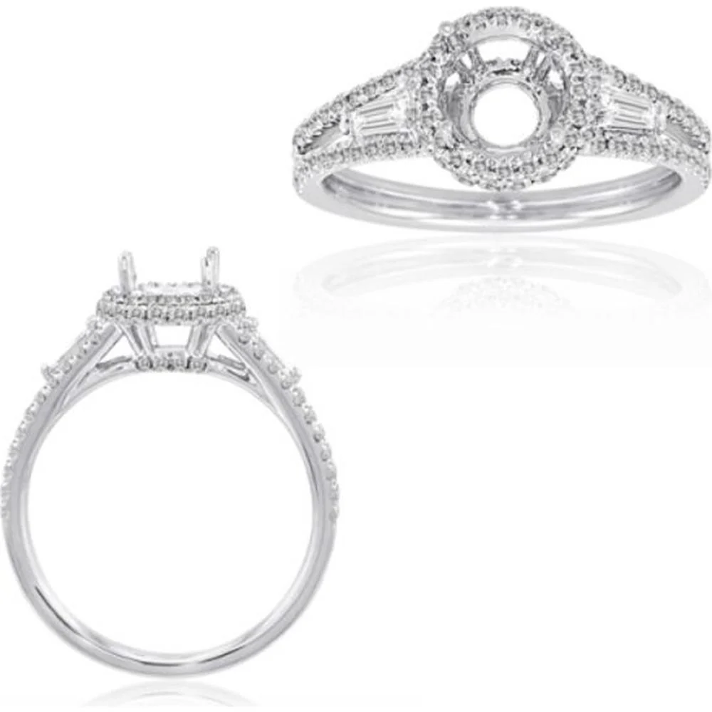 Roman & Jules - 18K White Gold Halo Diamond Ring with Round and Baguette Diamonds - 0.59 Carat Total Diamond Weight