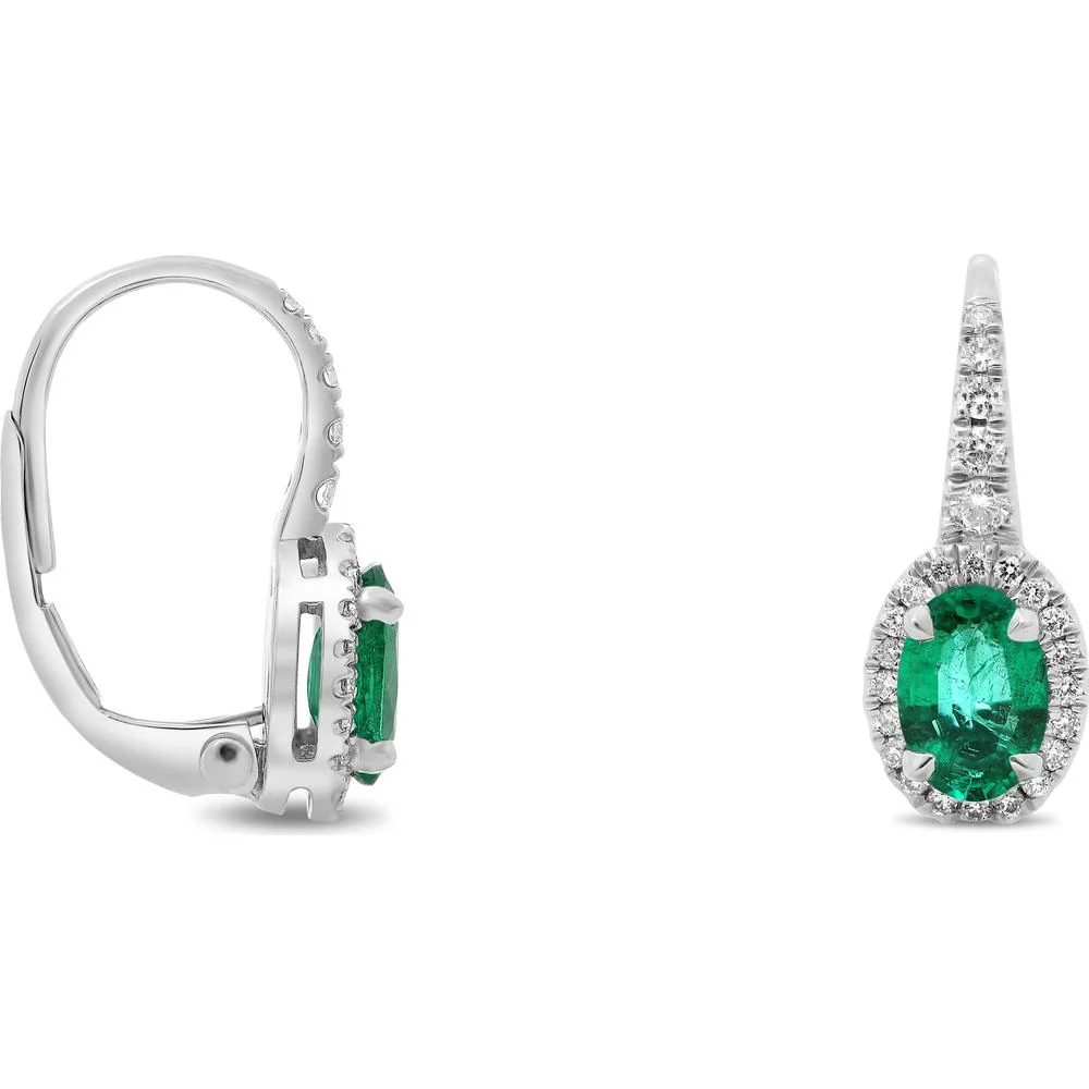 Roman & Jules - 18K White Gold Halo Drop Earrings with Oval Emeralds and Round Diamonds - 1.58 Carat Total Emerald Weight