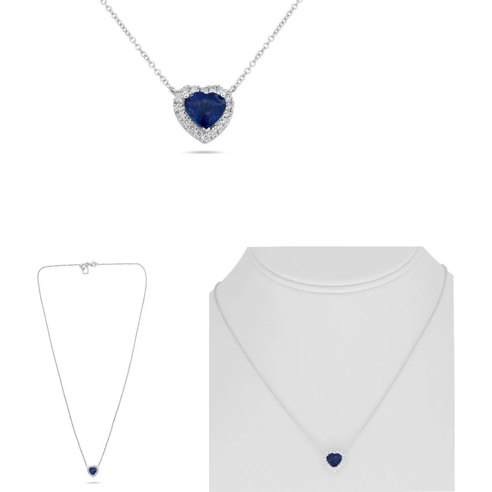 Roman & Jules - 18K White Gold Halo Heart Shaped Sapphire Necklace with Round Diamonds - 1.63 Carat Sapphire, 0.16 Carat Diamond Total Weight