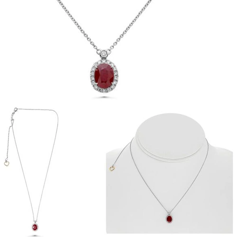 Roman & Jules - 18K White Gold Halo Pendant Necklace with GIA Certified Oval Purple Sapphire and Round Diamond Accents
