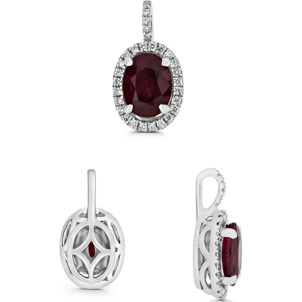 Roman & Jules - 18K White Gold Halo Pendant with 1.50 Carat Round Diamonds and 1.50 Carat Ruby Center
