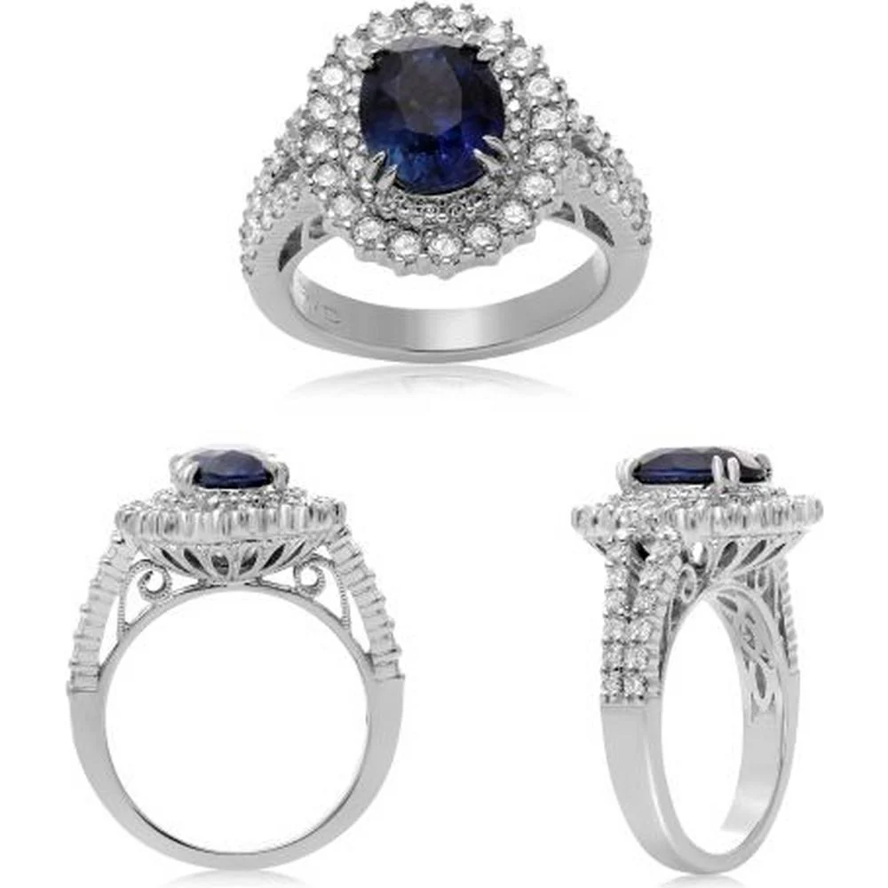 Roman & Jules - 18K White Gold Halo Ring with GIA-Certified 2.80 Carat Sapphire and 1.12 Carat Total Round Diamonds