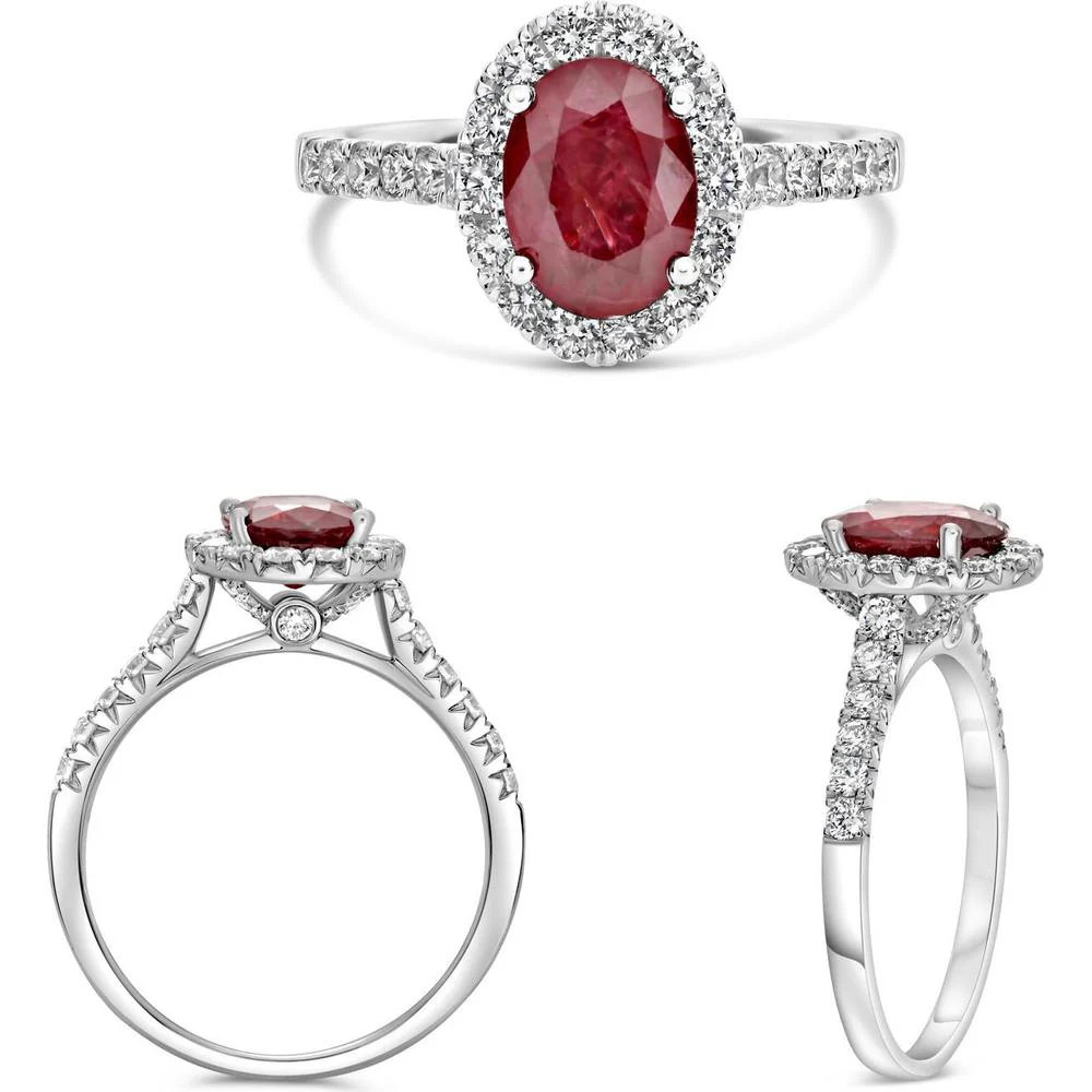 Roman & Jules - 18K White Gold Halo Ring with Oval Ruby and Round Diamonds - 1.44 Carat Total Ruby Weight