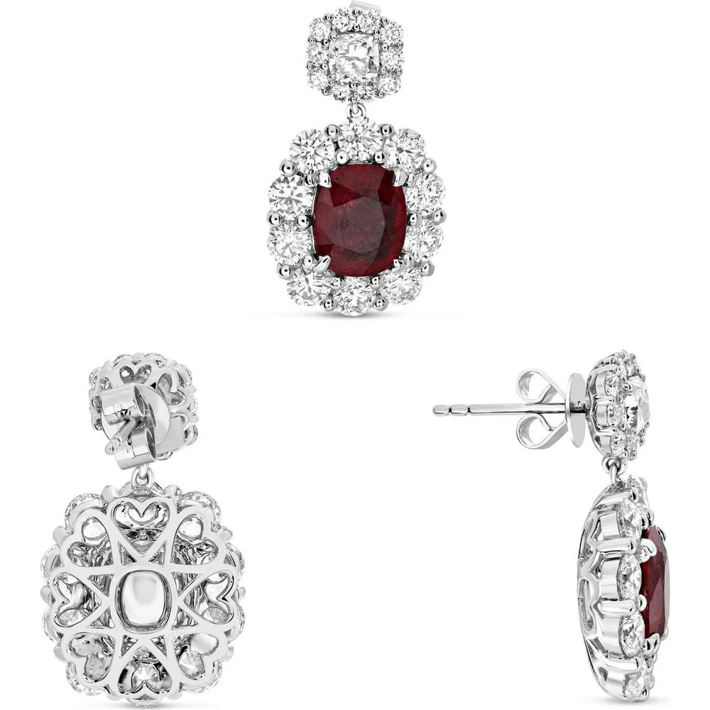 Roman & Jules - 18K White Gold Halo Ruby and Diamond Drop Earrings - 3.24 Carat Total Ruby Weight