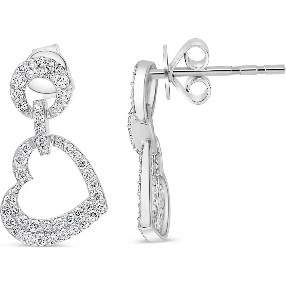 Roman & Jules - 18K White Gold Hanging Heart Earrings with 0.60 Carat Round Diamonds - Total Diamond Weight 0.60 Carat