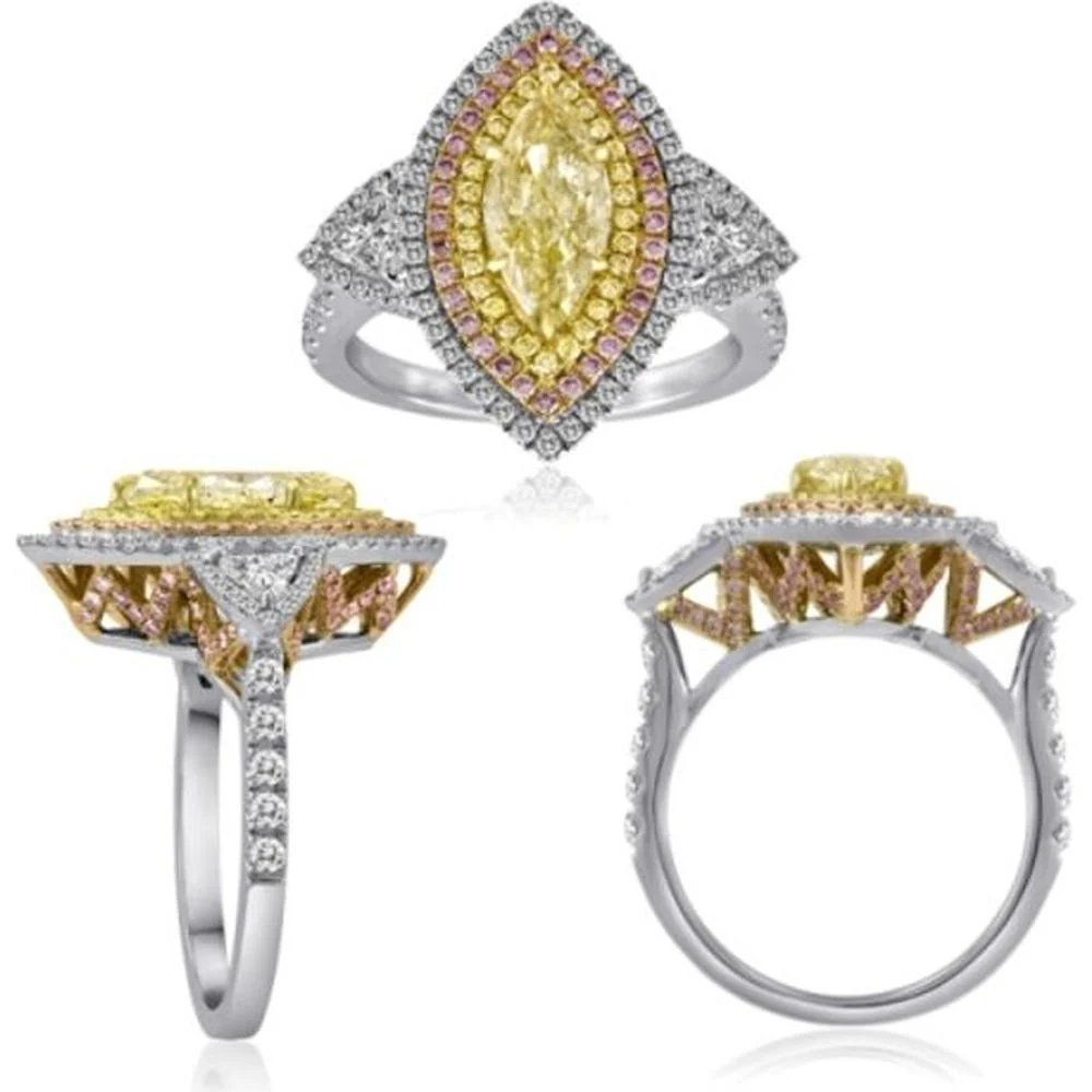 Roman & Jules - 18K White Gold Marquise Fancy Yellow Diamond Halo Ring with Pink and White Diamonds - 2.01 Carat Total Diamond Weight