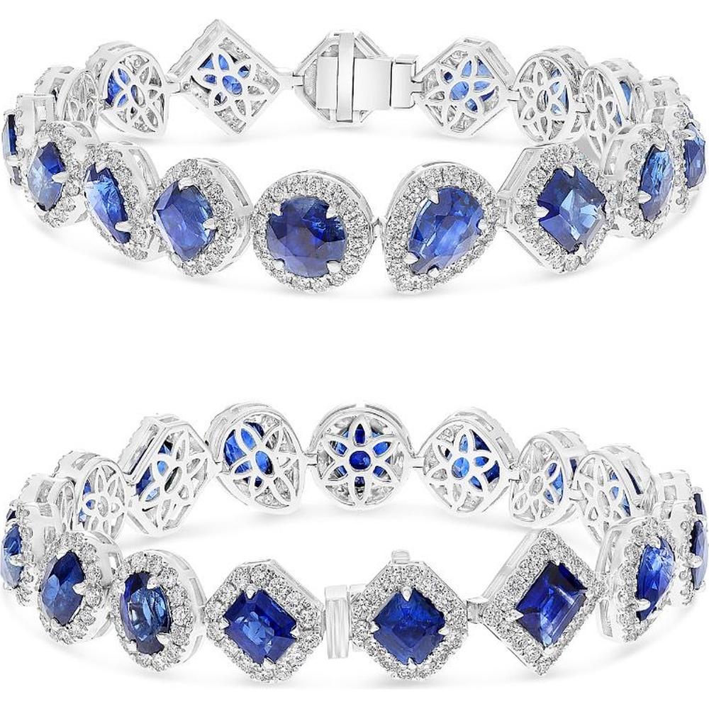 Roman & Jules - 18K White Gold Mixed Shape Sapphire Bracelet with Diamond Halo - 24.89 Carat Total Sapphire Weight, 3.84 Carat Total Diamond Weight