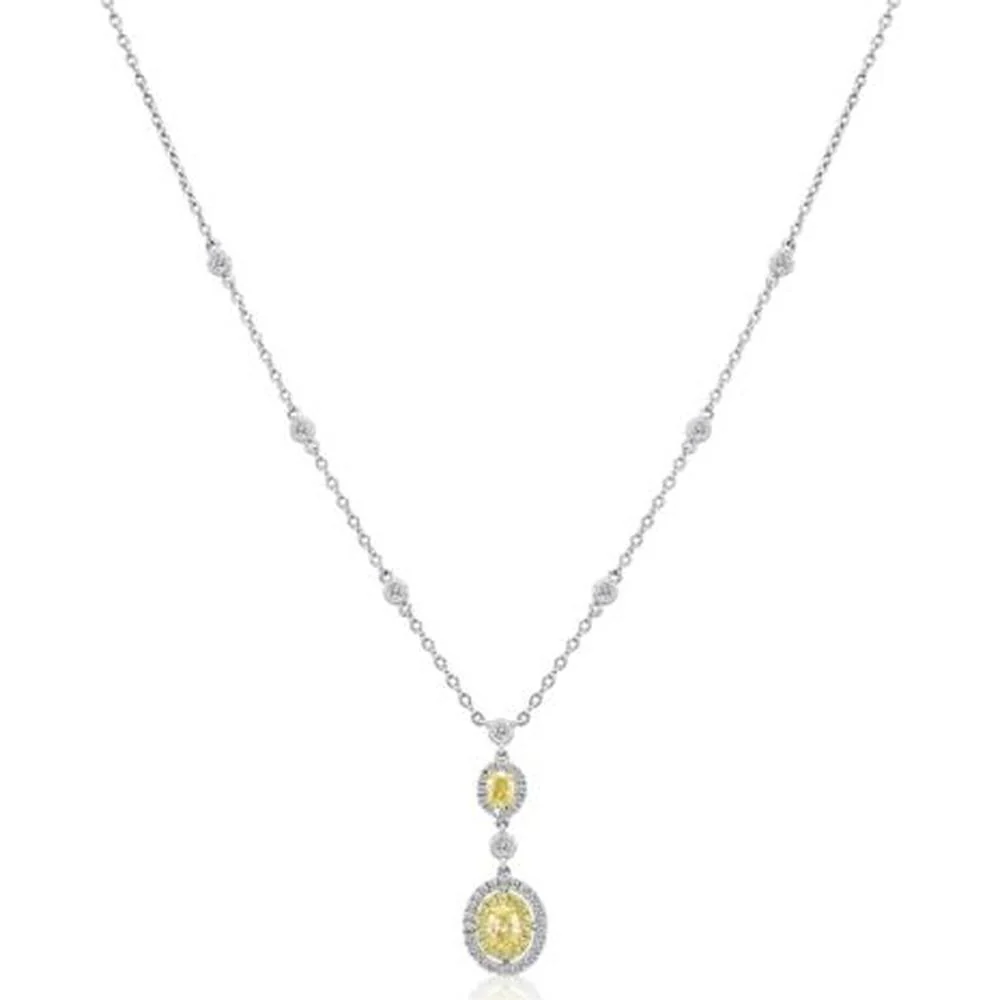 Roman & Jules - 18K White Gold Necklace with Fancy Yellow Oval Diamond and Round Diamonds - 1.12 Carat Total Diamond Weight