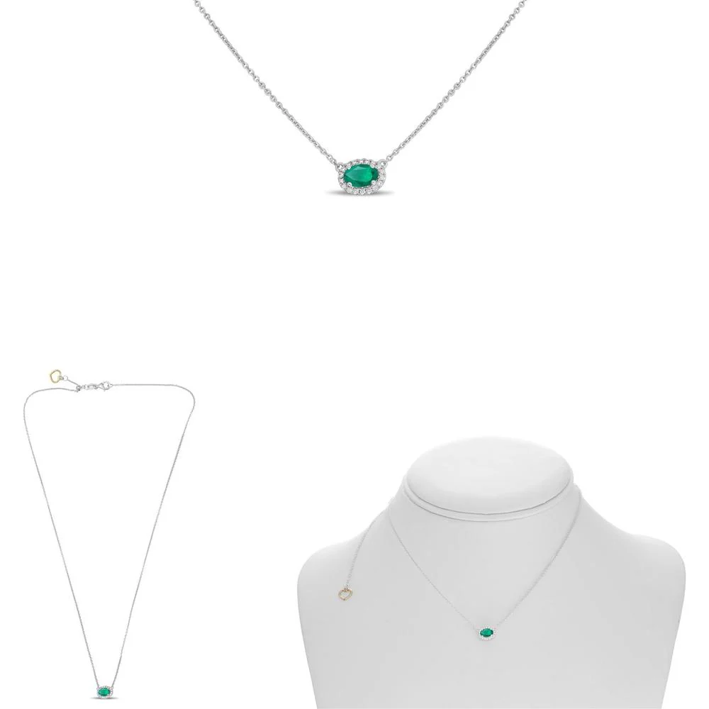 Roman & Jules - 18K White Gold Oblong Emerald & Diamond Halo Necklace - 0.40 Carat Emerald & 0.09 Carat Total Diamond Weight