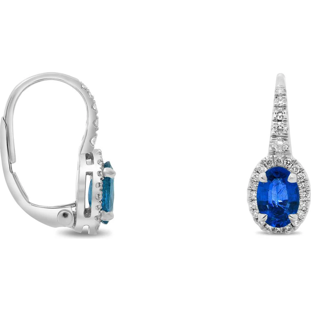 Roman & Jules - 18K White Gold Oval Blue Sapphire Halo Drop Earrings with Round Diamonds - 1.36 Carat Total Sapphire Weight