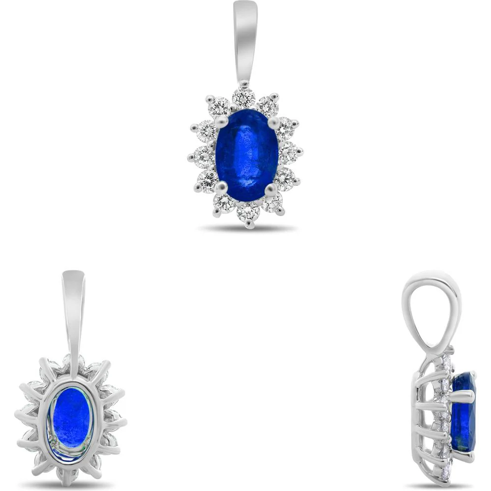 Roman & Jules - 18K White Gold Oval Blue Sapphire Pendant with Round Diamond Halo - 0.20 Carat Diamond Weight